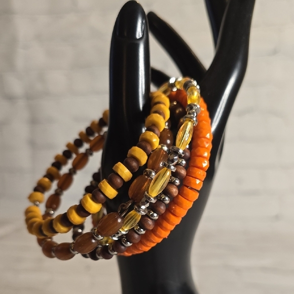 Orange and Brown Beaded Bracelet Set Of 5 - Picture 1 of 3